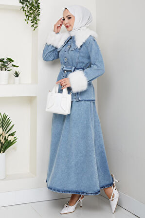 Kadın Peluş Detaylı Kuşaklı Kot Mavi İkili Takım