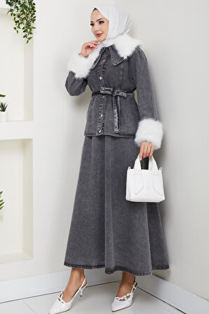 Kadın Peluş Detaylı Kuşaklı Kot Siyah İkili Takım