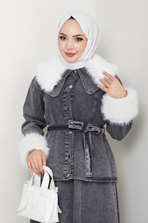 Kadın Peluş Detaylı Kuşaklı Kot Siyah İkili Takım