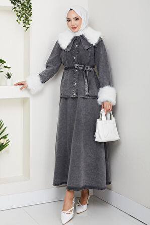 Kadın Peluş Detaylı Kuşaklı Kot Siyah İkili Takım