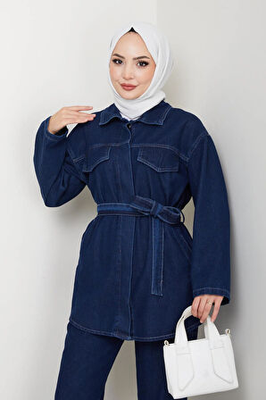 Kadın Düğmeli Kuşaklı Lacivert İkili Takım