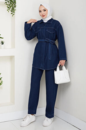 Kadın Düğmeli Kuşaklı Lacivert İkili Takım