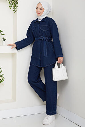 Kadın Düğmeli Kuşaklı Lacivert İkili Takım