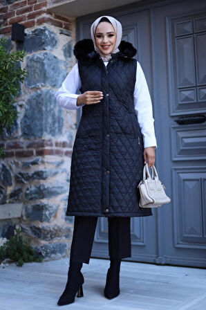 Kadın Fermuarlı Çıt Çıtlı Kapüşonlu Kapitone Yelek