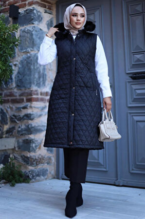 Kadın Fermuarlı Çıt Çıtlı Kapüşonlu Kapitone Yelek