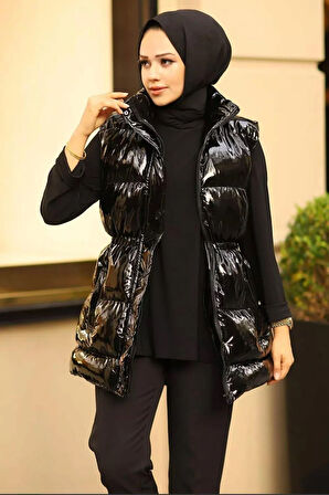 Kadın Çıt Çıtlı Fermuarlı Cepli Siyah Parlak Şişme Yelek