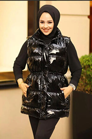 Kadın Çıt Çıtlı Fermuarlı Cepli Siyah Parlak Şişme Yelek