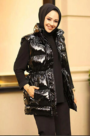 Kadın Çıt Çıtlı Fermuarlı Cepli Siyah Parlak Şişme Yelek