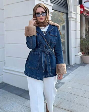 Kadın Kemerli Cepli Kürk Detaylı Kot Mavi Ceket