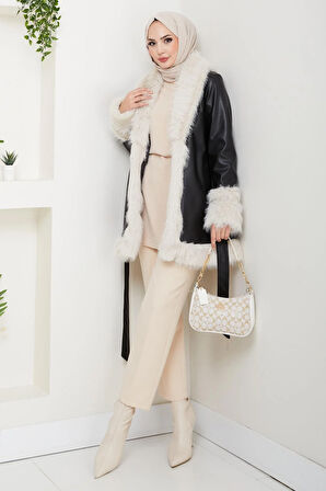 Kadın İçi Astarlı Tüylü Kemerli Deri Siyah Ceket