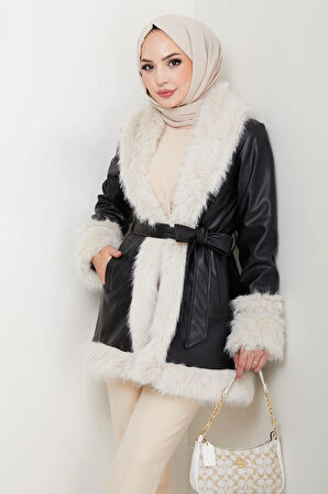 Kadın İçi Astarlı Tüylü Kemerli Deri Siyah Ceket