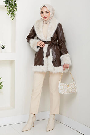 Kadın İçi Astarlı Tüylü Kemerli Deri Kahverengi Ceket