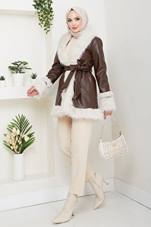 Kadın İçi Astarlı Tüylü Kemerli Deri Kahverengi Ceket