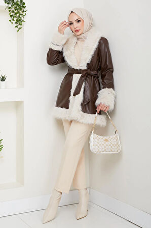 Kadın İçi Astarlı Tüylü Kemerli Deri Kahverengi Ceket