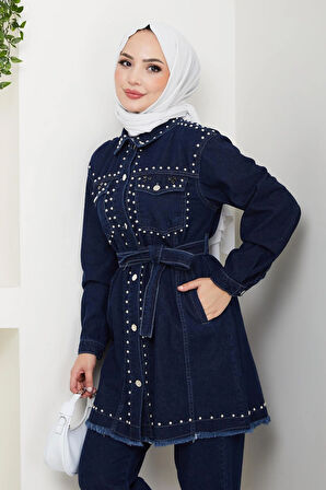 Kadın İnci Detaylı Kemerli Lacivert Kot Takım