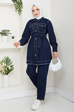 Kadın İnci Detaylı Kemerli Lacivert Kot Takım