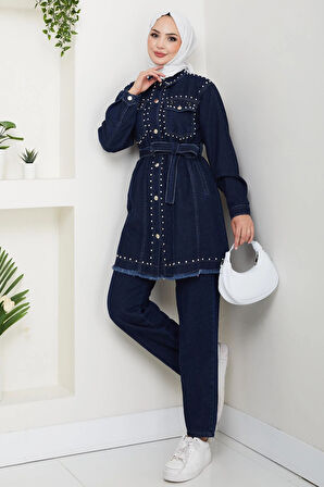Kadın İnci Detaylı Kemerli Lacivert Kot Takım