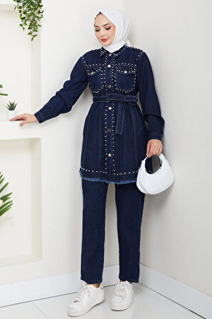 Kadın İnci Detaylı Kemerli Lacivert Kot Takım