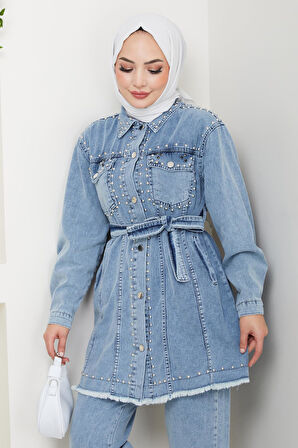 Kadın İnci Detaylı Kemerli Mavi Kot Takım