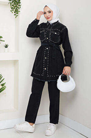 Kadın İnci Detaylı Kemerli Siyah Kot Takım