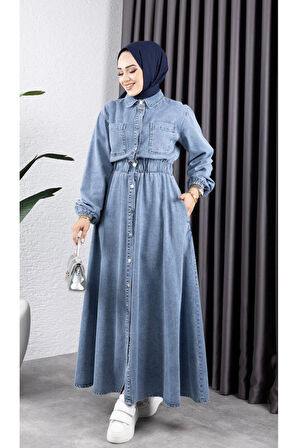 Kadın Belden Lastikli Cep Detaylı Kot Elbise