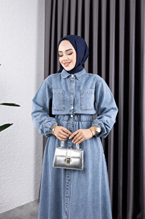 Kadın Belden Lastikli Cep Detaylı Kot Elbise