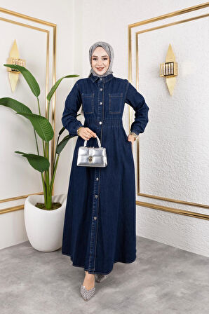 Kadın Belden Lastikli Cep Detaylı Kot Elbise