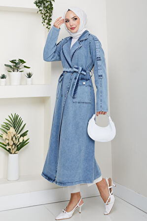 Kadın Cepli Kuşaklı Denim Mavi Trençkot