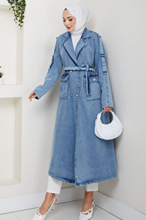 Kadın Cepli Kuşaklı Denim Mavi Trençkot