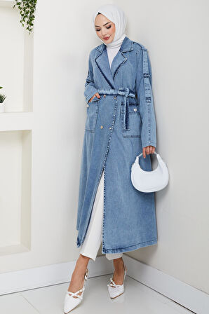 Kadın Cepli Kuşaklı Denim Mavi Trençkot
