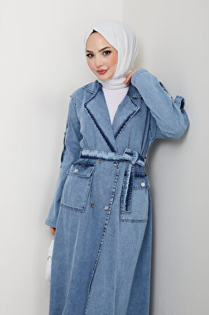 Kadın Cepli Kuşaklı Denim Mavi Trençkot