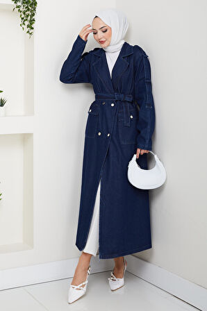 Kadın Cepli Kuşaklı Denim Lacivert  Trençkot