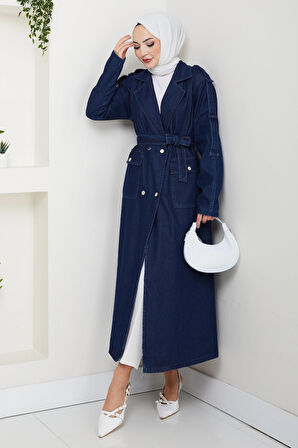 Kadın Cepli Kuşaklı Denim Lacivert  Trençkot