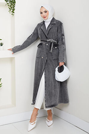 Kadın Cepli Kuşaklı Denim Koyu Gri Trençkot