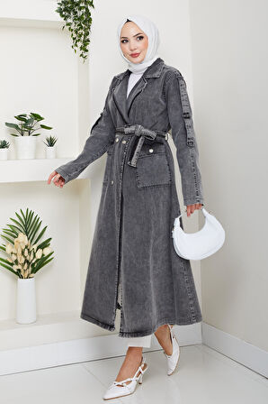 Kadın Cepli Kuşaklı Denim Koyu Gri Trençkot