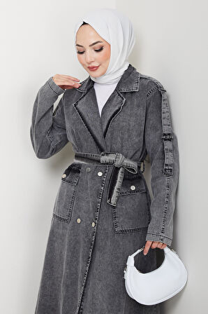 Kadın Cepli Kuşaklı Denim Koyu Gri Trençkot