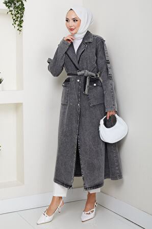 Kadın Cepli Kuşaklı Denim Koyu Gri Trençkot