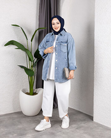 Kadın Yıkamalı Cepli Denim Kot Mavi Ceket