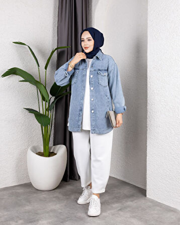 Kadın Yıkamalı Cepli Denim Kot Mavi Ceket