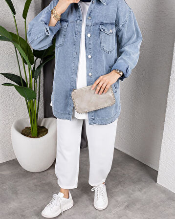 Kadın Yıkamalı Cepli Denim Kot Mavi Ceket