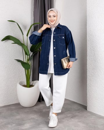 Kadın Yıkamalı Cepli Denim Kot Lacivert Ceket