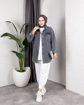 Kadın Yıkamalı Cepli Denim Koyu gri Ceket