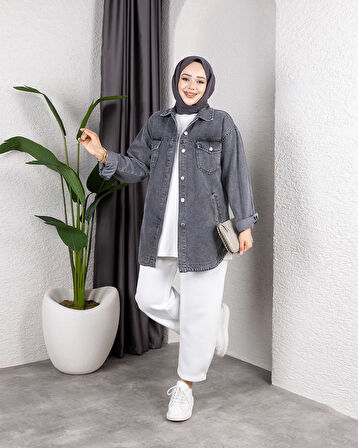 Kadın Yıkamalı Cepli Denim Koyu gri Ceket