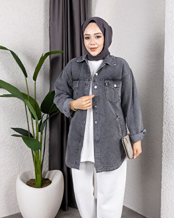 Kadın Yıkamalı Cepli Denim Koyu gri Ceket