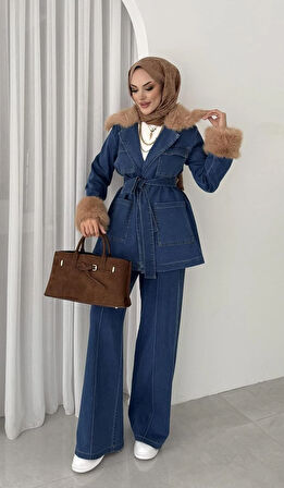Kadın Kuşaklı Kürk Detaylı Cepli İkili Kot Mavi Takım