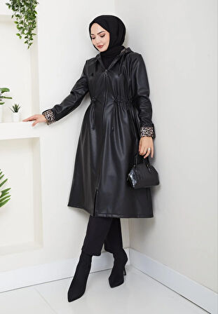Kadın Kapüşonlu Fermuarlı Şardonlu Deri Siyah Kap