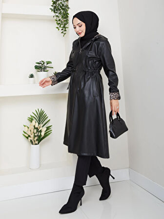 Kadın Kapüşonlu Fermuarlı Şardonlu Deri Siyah Kap