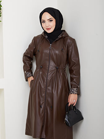 Kadın Kapüşonlu Fermuarlı Şardonlu Deri Kahverengi Kap