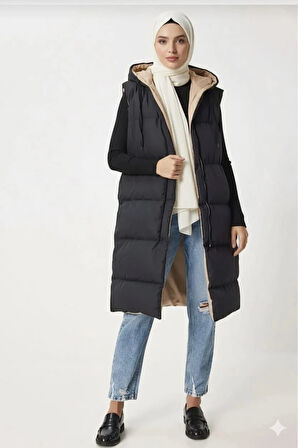 Kadın Çift Taraflı Kapüşonlu Cepli Siyah-Krem Yelek