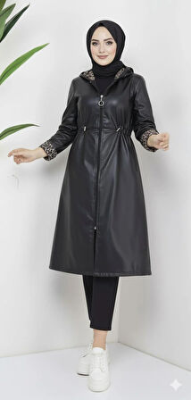 Kadın Şardon Astarlı Fermuarlı Deri Siyah Kap